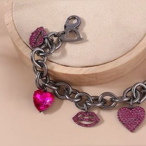 💕 Hot Pink Hearts & Kisses Adjustable Charm Tassel Bracelet